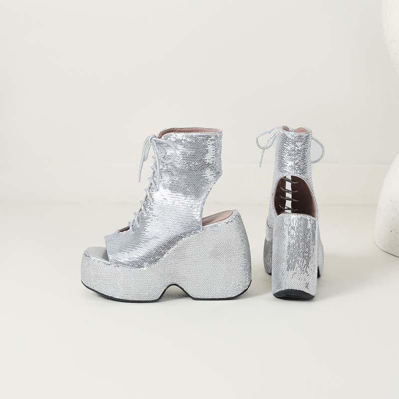 Krazing Pot Sequin Cloth Spring Summer Size 43 Size 42 Women Platform Women Peep Toe Toe Sexy Summer Boots Lace Up Pumps