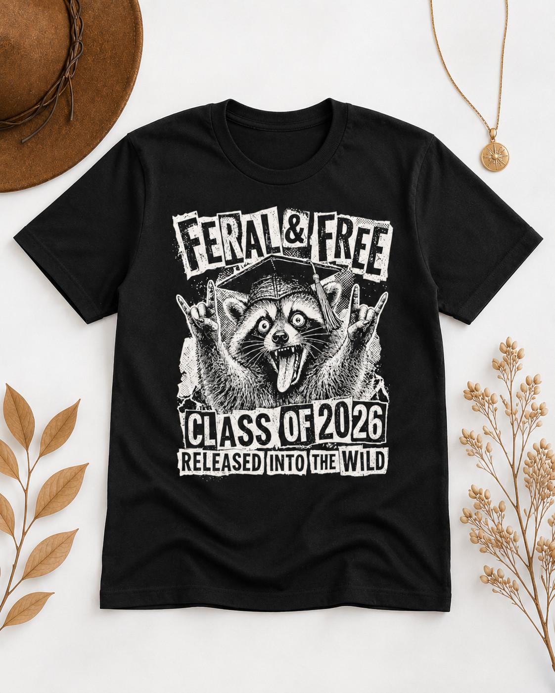 Cute Feral and Free Class of 2026 Funny Raccoon Graduation T Shirt S разноцветный