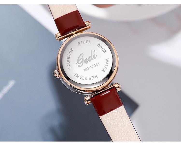 Gedi Damski Jasnoczerwony Skórzany Pasek Zegarek Kwarcowy Wodoodporny