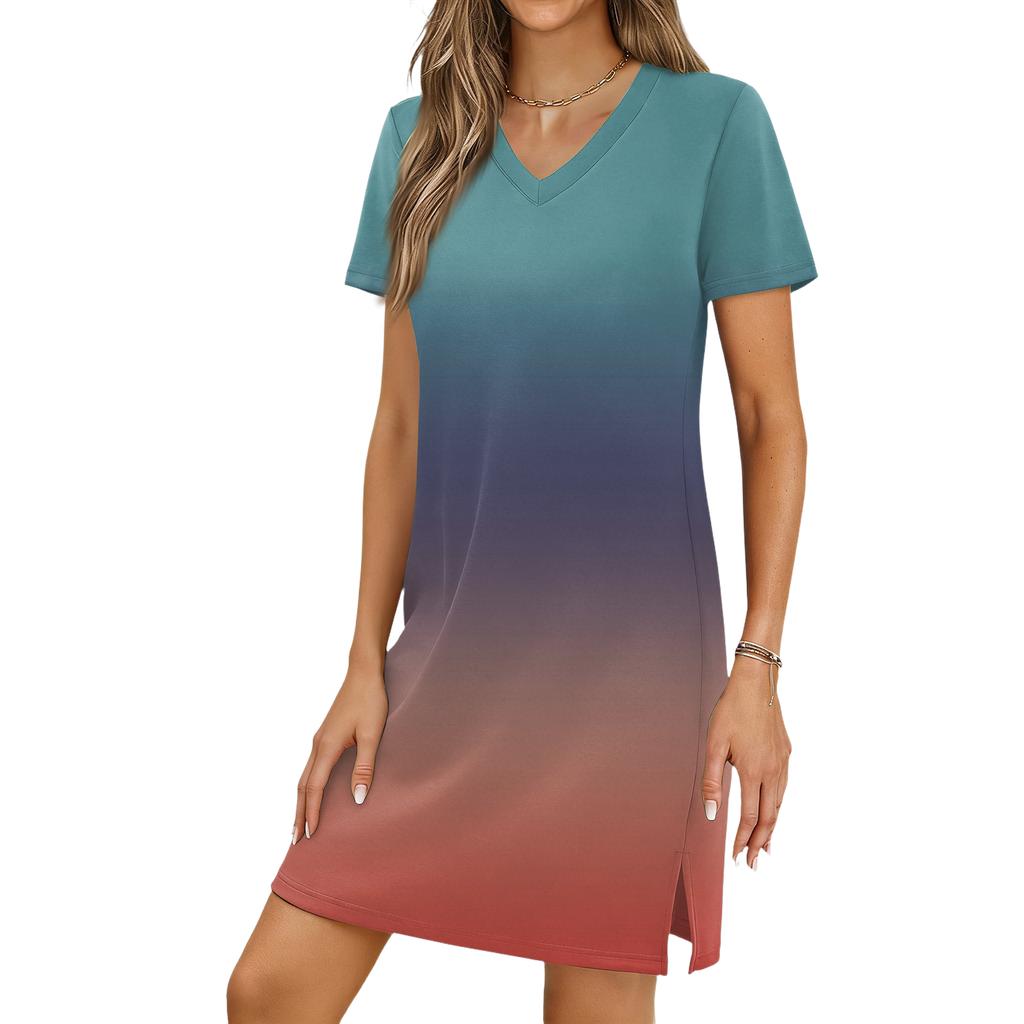 Women's Casual V-neck Short Sleeve Split Hem Gradient Dress