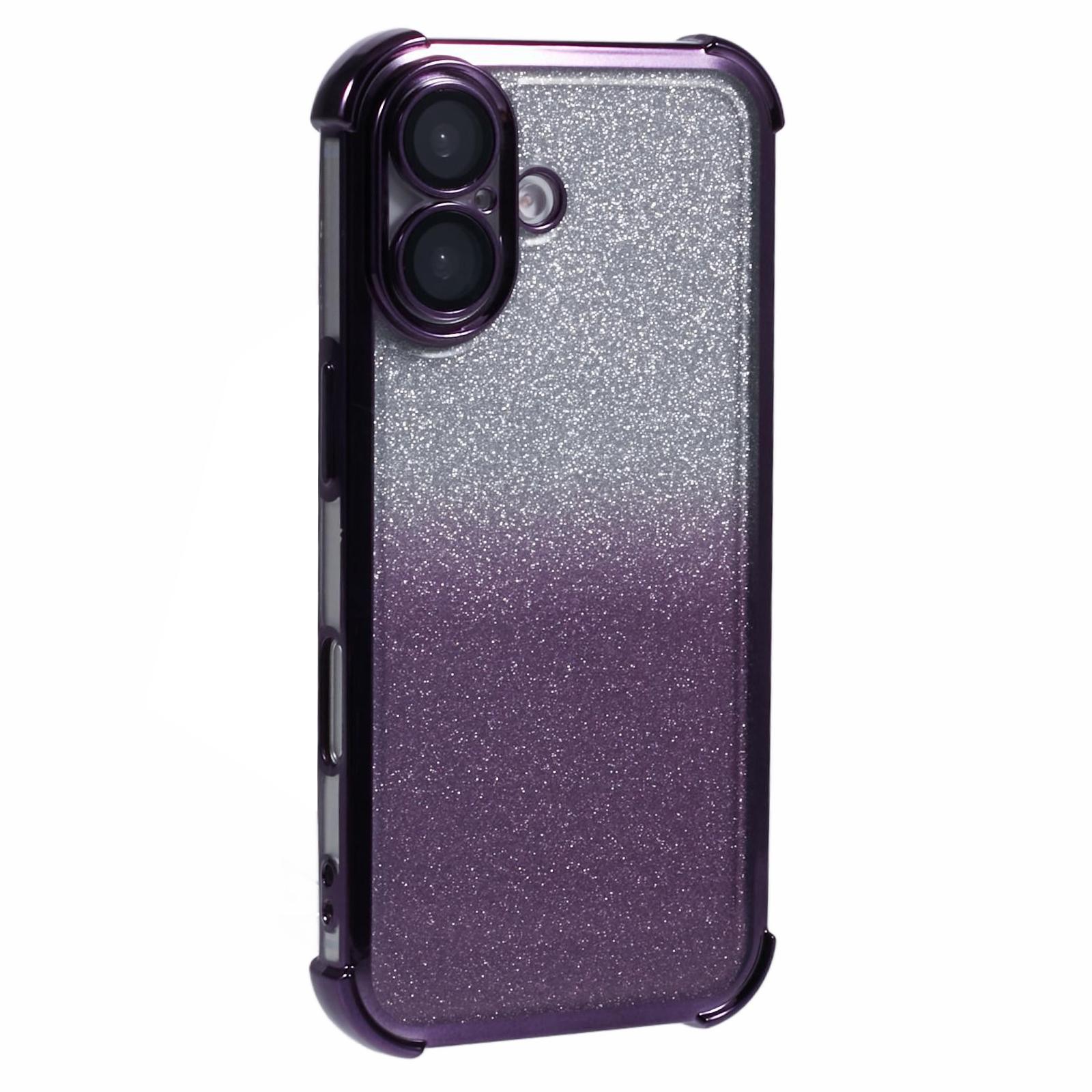 

For iPhone 16 Case Electroplating Clear TPU Phone Cover with Lens Film and Glitter Card Purple