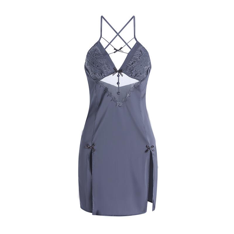 Women's Satin Sheer Mesh V Neck Push Up Double Slit Cami Sleep Dress with Robe Set