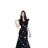 French Retro Flying Sleeve Printing Dress Women's Lotus Leaf Edge Wasteland Wind Waist Thin Black Bow Dress