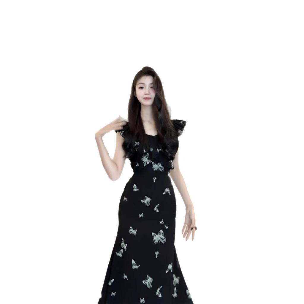 French Retro Flying Sleeve Printing Dress Women's Lotus Leaf Edge Wasteland Wind Waist Thin Black Bow Dress