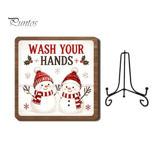 Christmas Hanging Ornament Wooden Tabletop Decor, 2D Pet Santa with Iron Stand, Rustic Festive Home Accents Holiday Sign for And Cafe Shelf,