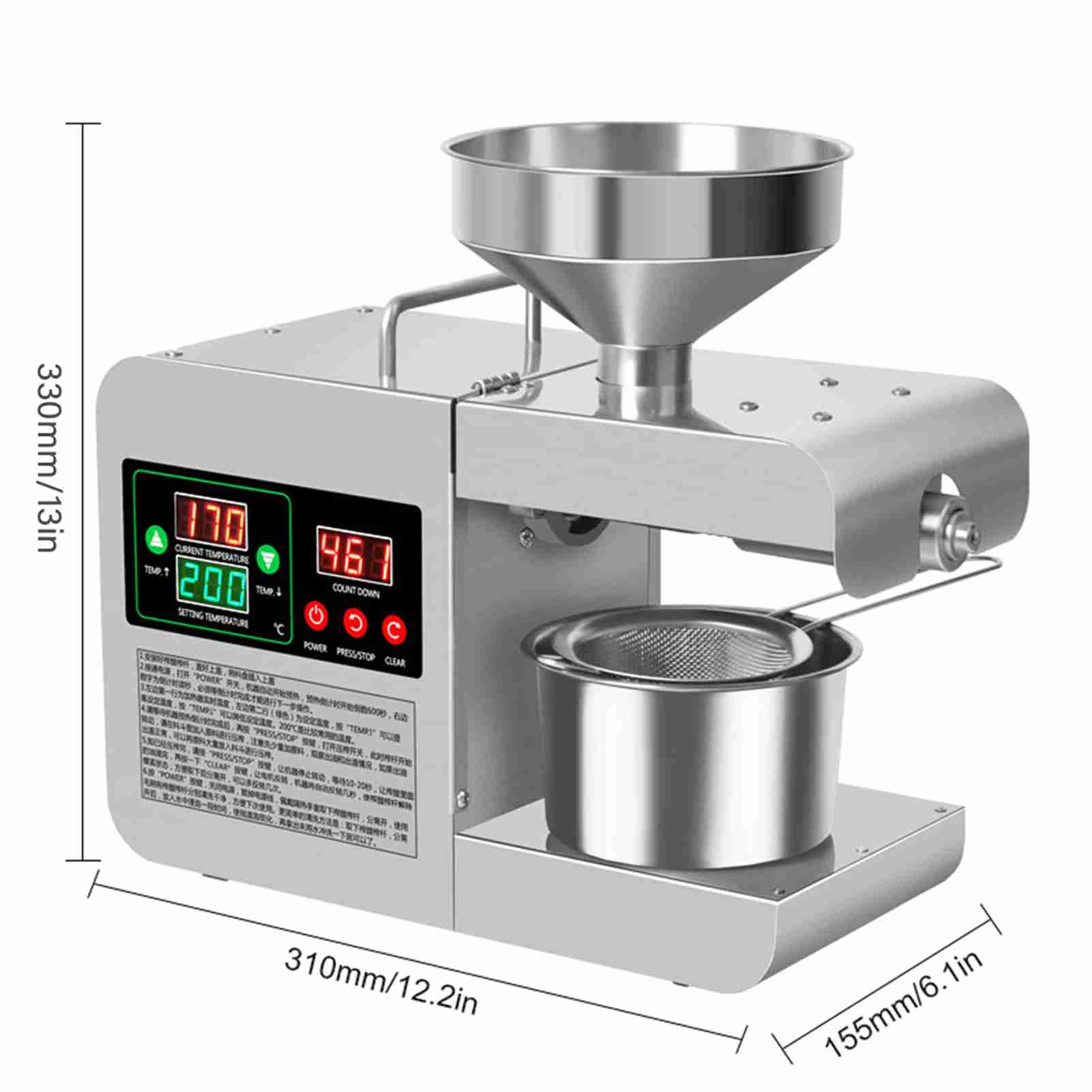 

Electric Oil Press Stainless Steel 820W Powerful Heater with Digital Display for Healthy Cooking Oil Production in the Kitchen at Home