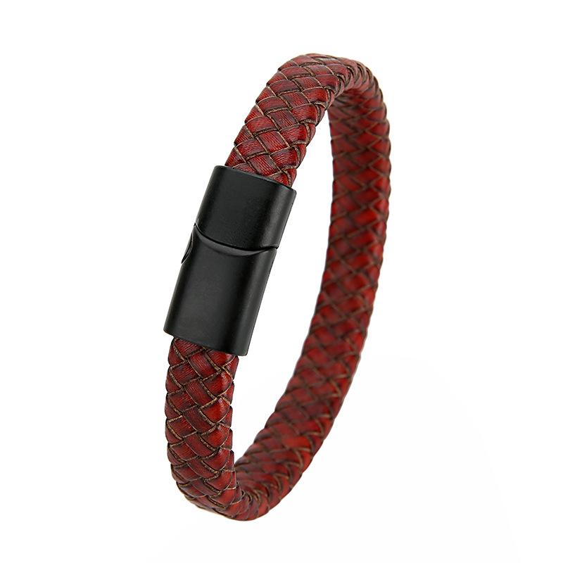 Retro Genuine Leather Men's Woven Cord Bracelet with Magnetic Buckle