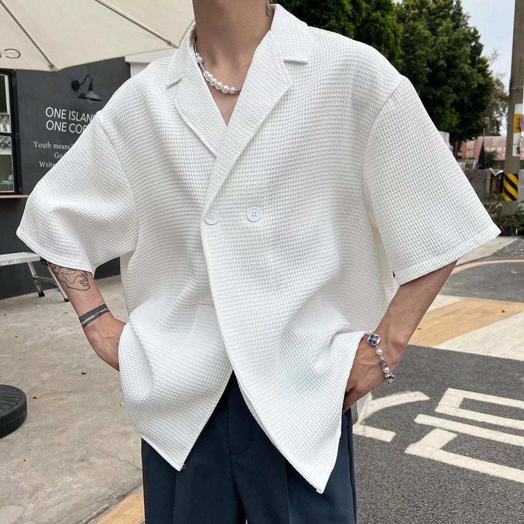 Men's Stylish V-Neck Waffle Collar Shirt - Short Sleeved & Loose Fit