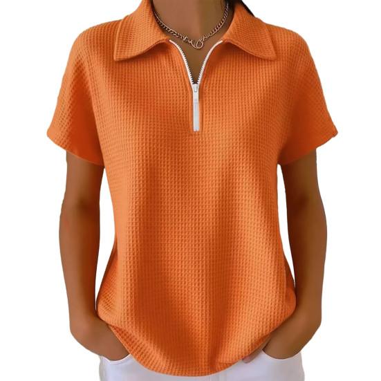 

Women Tops Lapel Short Sleeve Zipper Half Placket Shirt Tops Pure Color Waffle Texture Loose Fit Casual Shirt Home Dates Versatile XL оранжевый