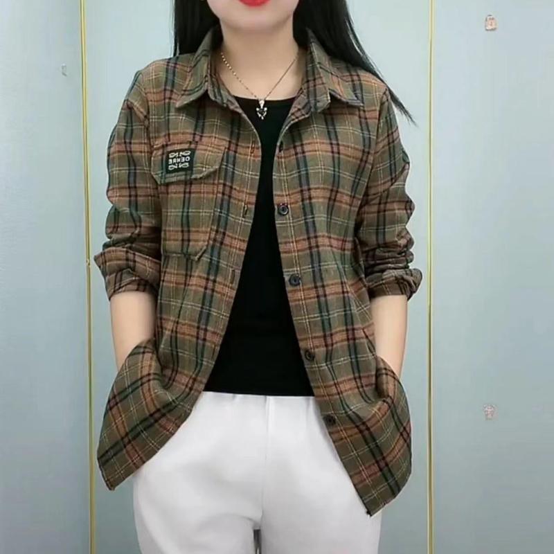 Checkered Long Sleeve Cotton Shirt for Women Fashionable Middle-aged Mother Spring Summer Trendy Casual Shirts Top