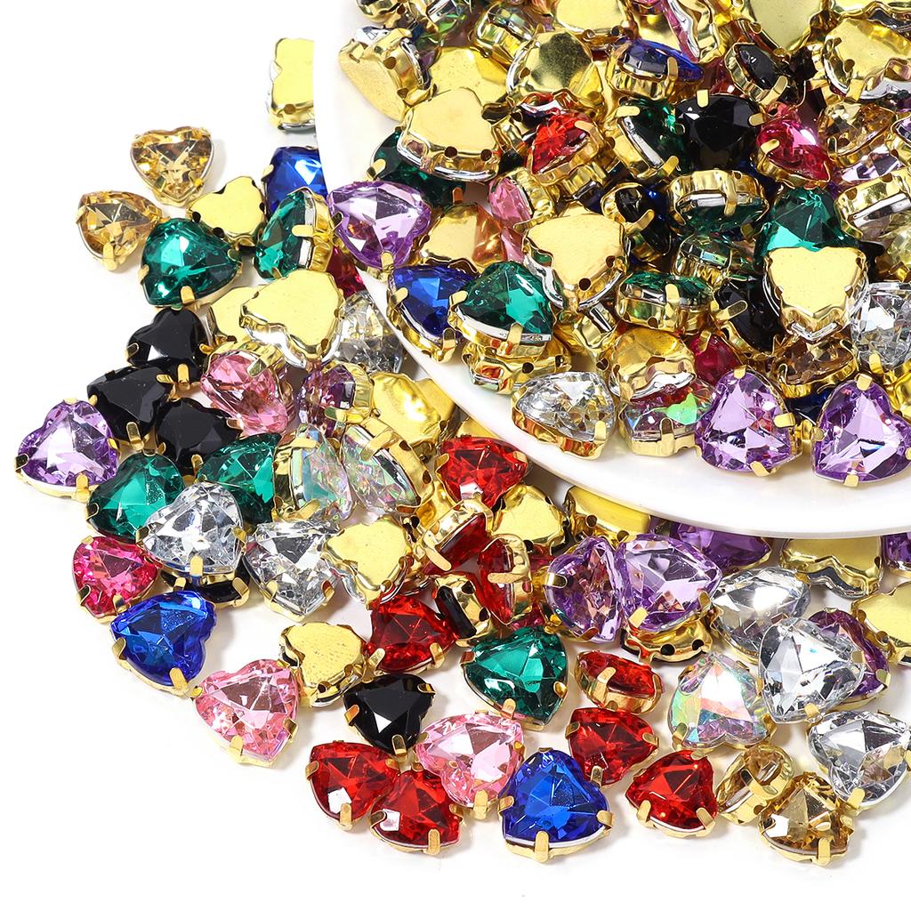 30pcs/lot 10/12mm Heart Shape Acrylic Sew On Rhinestones Stainless Steel Golden Claw Beads For DIY Clothes Jewelry Decoration