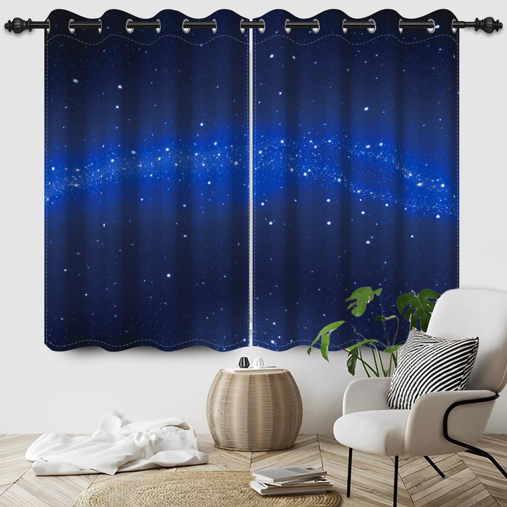 Night Starry Sky Moon Stars Milky Way Blackout Curtains Children'S Bedroom Heat Insulation Noise Reduction Window Drapes 2Pcs