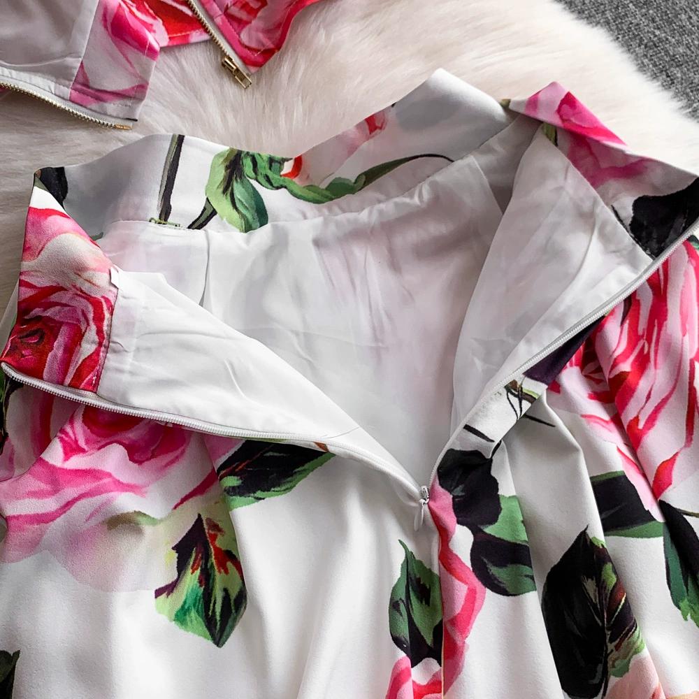 Summer Designer Rose Print Runway 2 Piece Set Women's Spaghetti Strap Vest Tops And Long Midi Skirt Holiday Beach Suit