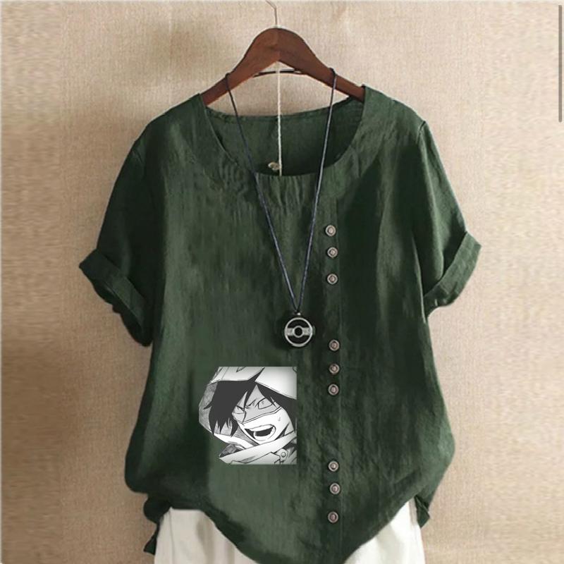 Women's Fashion Handsome Pattern Prined Short Sleeve T-shirt Loose Cotton Shirt Casual Loose Summer Blouse Tops Plus Size