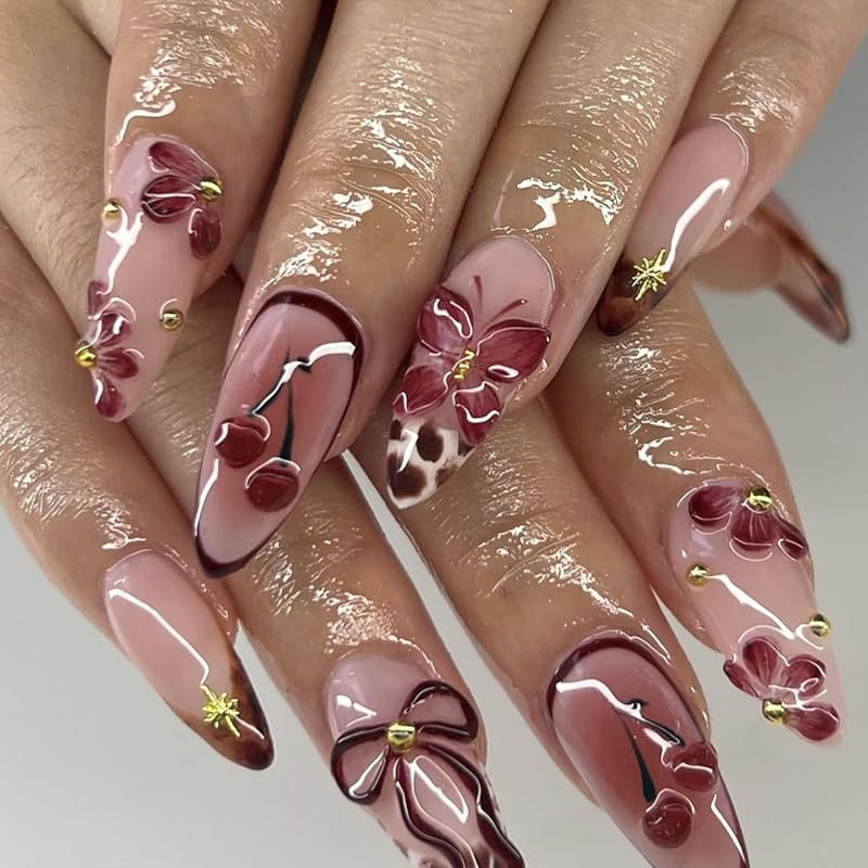 Flower Press on Nails Short Almond Fake Nails Spring Summer Nails Shell French Tip False Nails Press ons with Pearl Design Glossy Acrylic Reusable