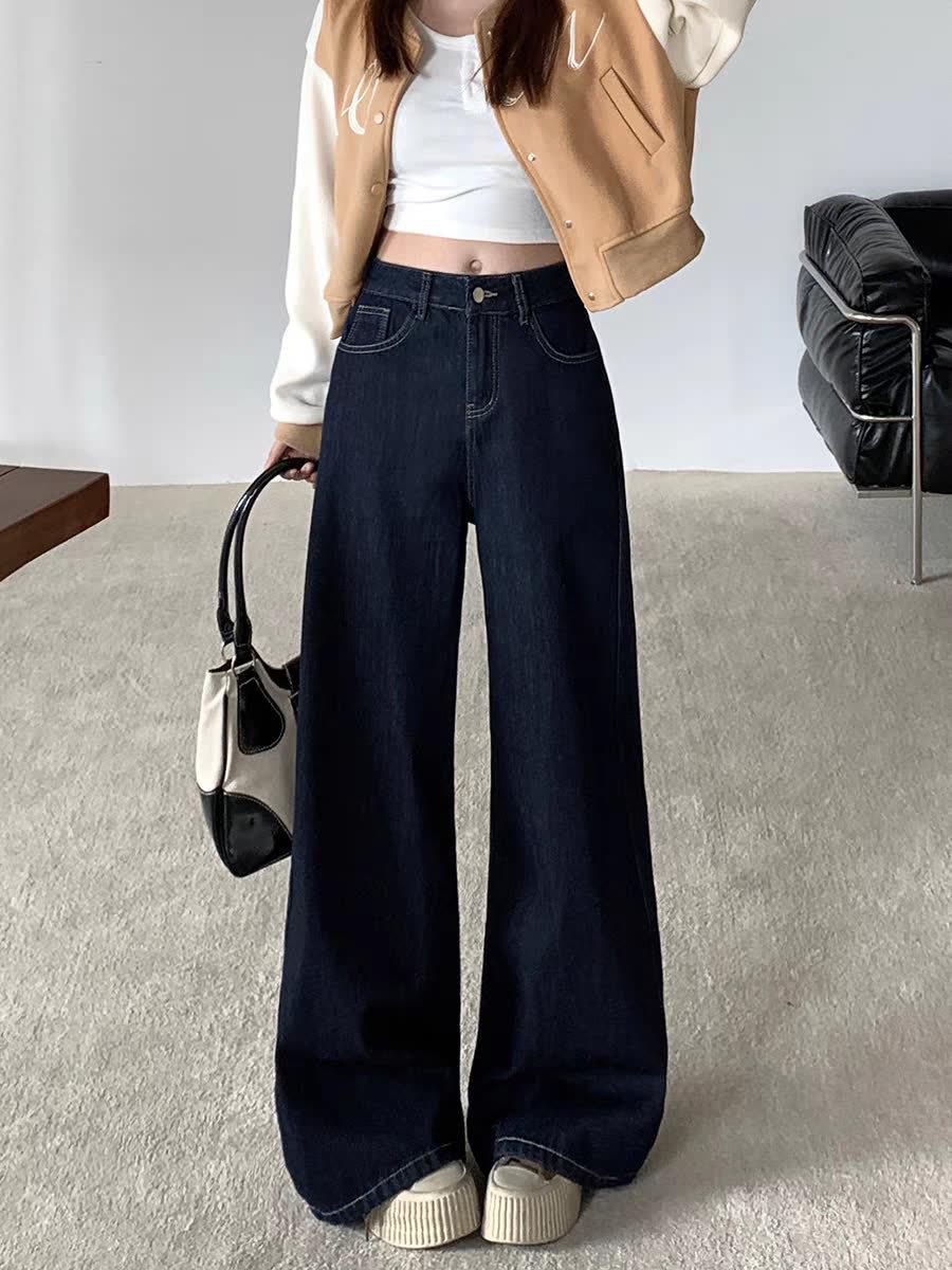 

Retro High-Waist Dark Blue Wide-Leg Jeans for Women - Slimming Straight-Leg Style for Spring & Autumn M: 155-165cm height (95-108 jin)