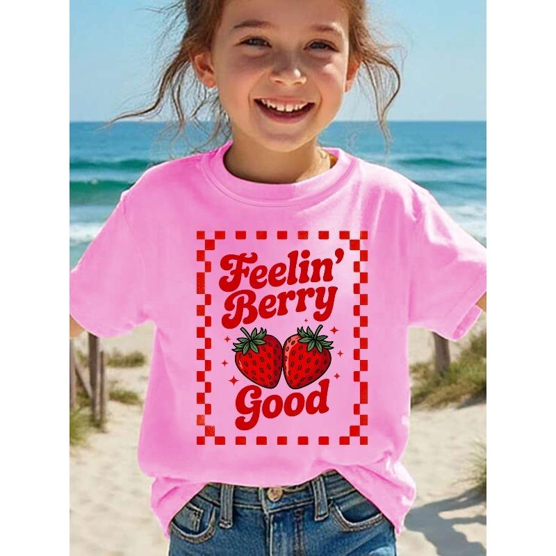 European sizes [Summer] Fashion Girls' Short-Sleeve T-Shirt "Feelin' Berry Good" Letter Strawberry Element Cartoon Print Top  Casual Versatile
