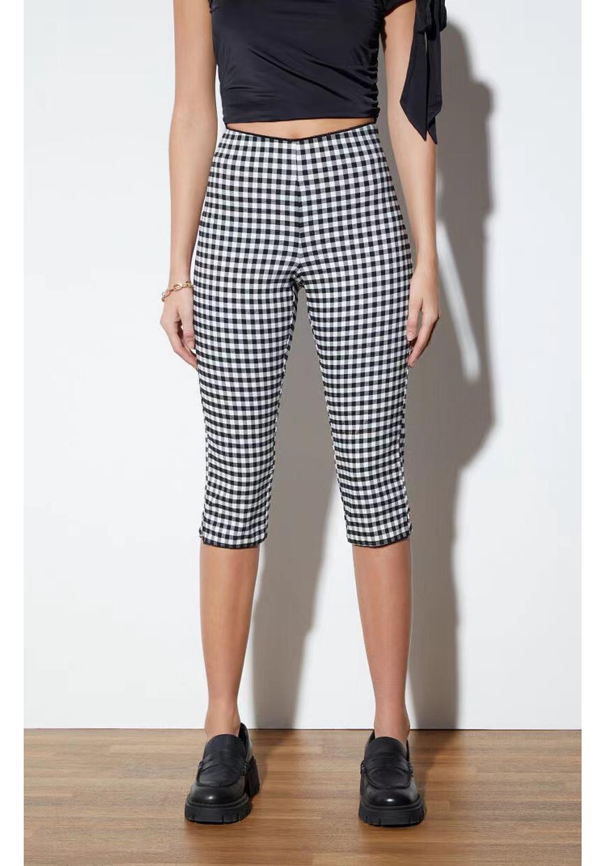 

Women s 2025 European & American Slimming Plaid Cropped Cigarette Pants - Summer Thin, Straight, Elastic Waist, Casual Style Large чёрный