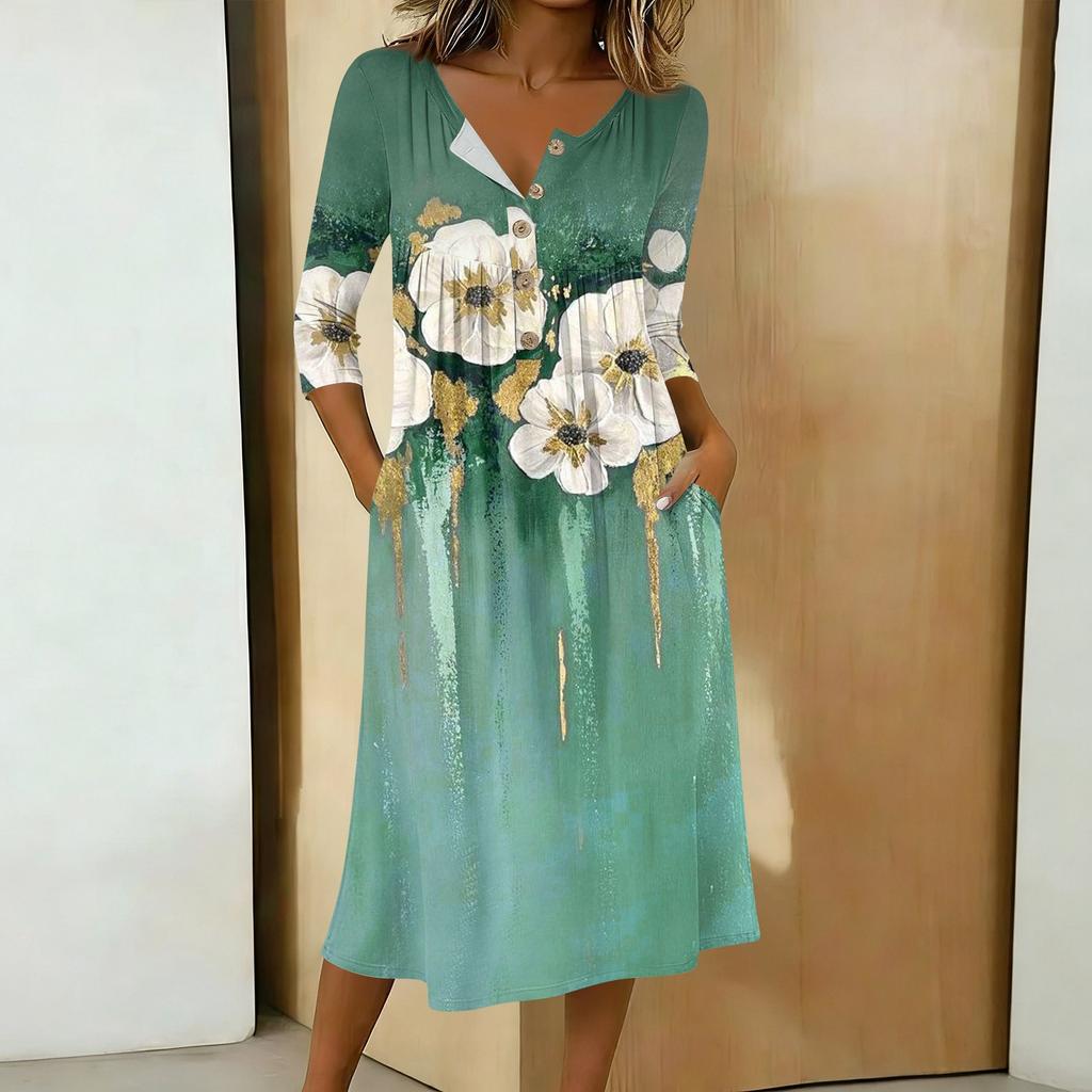Rochie casual de damă la modă, cu imprimeu colorat, gât rotund, mânecă 3/4, guler cu nasturi, lungime medie