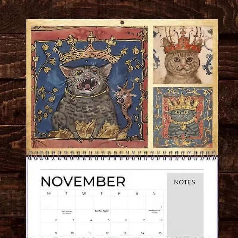 2026 12-Month Medieval Cats Crown Wall Calendar, Royal Feline Art for Home & Office Wall Decoration