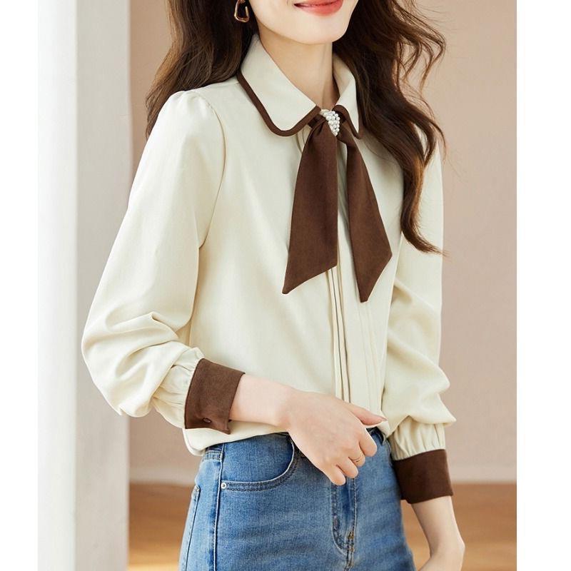 Women's Red French Doll Collar Tie Shirt - 2025 Autumn/Winter Long Sleeve Versatile Top