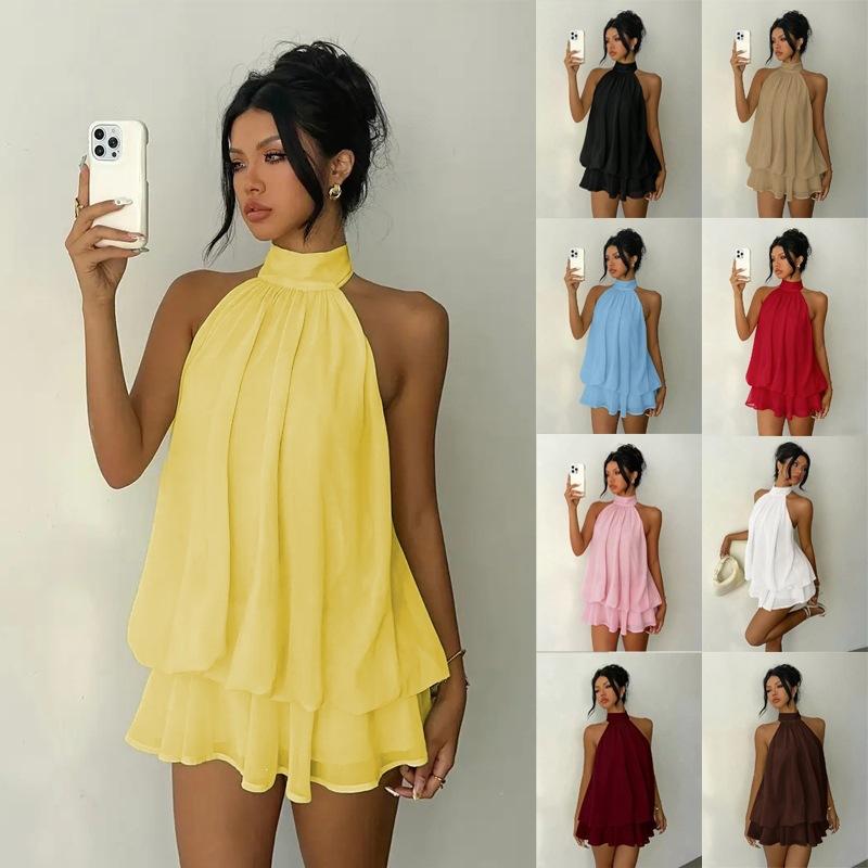 Abito da Donna Corto a Svasatura in Chiffon Casual Senza Maniche ad Collo Alto Mini Abiti da Festa