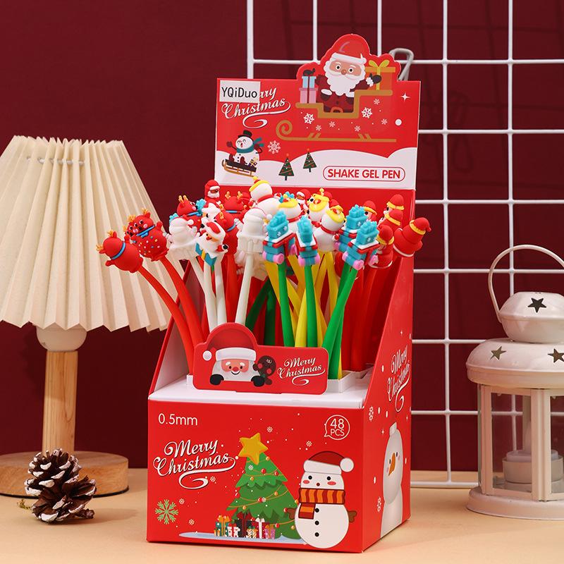 48Pcs Christmas Santa Snowman Tree Shape Rocking Pen,Black 0.5mm Gel Ink Christmas Holiday Cute Pen for Office Party Gift,Portable Plastic pen