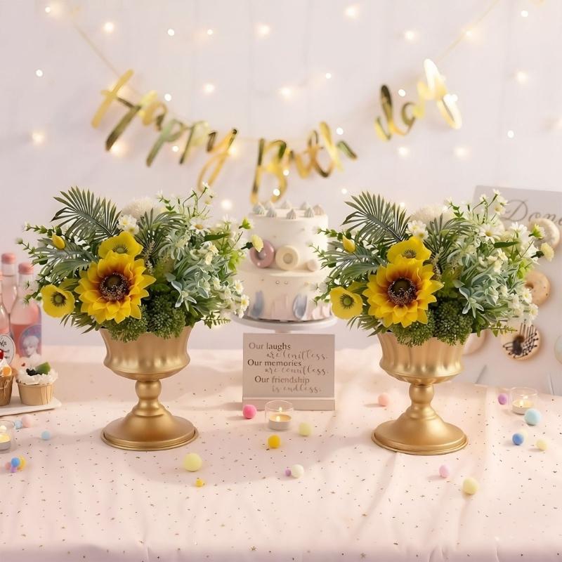 Iron Flower Urn with Fluted Detailing and Wide Raised Base for Wedding Centerpieces and Tabletop Arrangement Displays