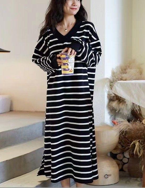 

Casual V Neck Long Sleeve Loose Fit Dress Striped Pattern Comfortable Everyday Wear Midi Length Suitable for Various Occasions XXL/4 чёрный