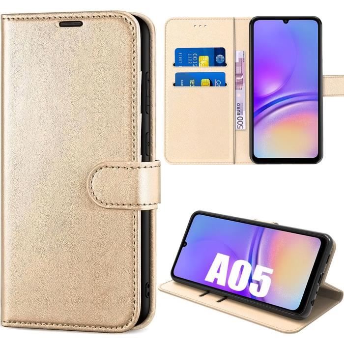 Coque pour samsung galaxy a05, doré, protection antichoc en cuir pu avec poche à cartes et fonction de support (pas pour a05s)