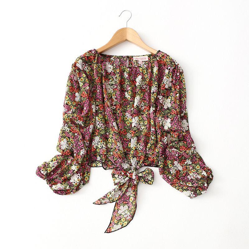 

Export Export Knotted Fashion Embroidered Printed Chiffon Shirt Three-Quarter Sleeve Western Style Small Floral Short Tops Dark Floral Eurocode-XL