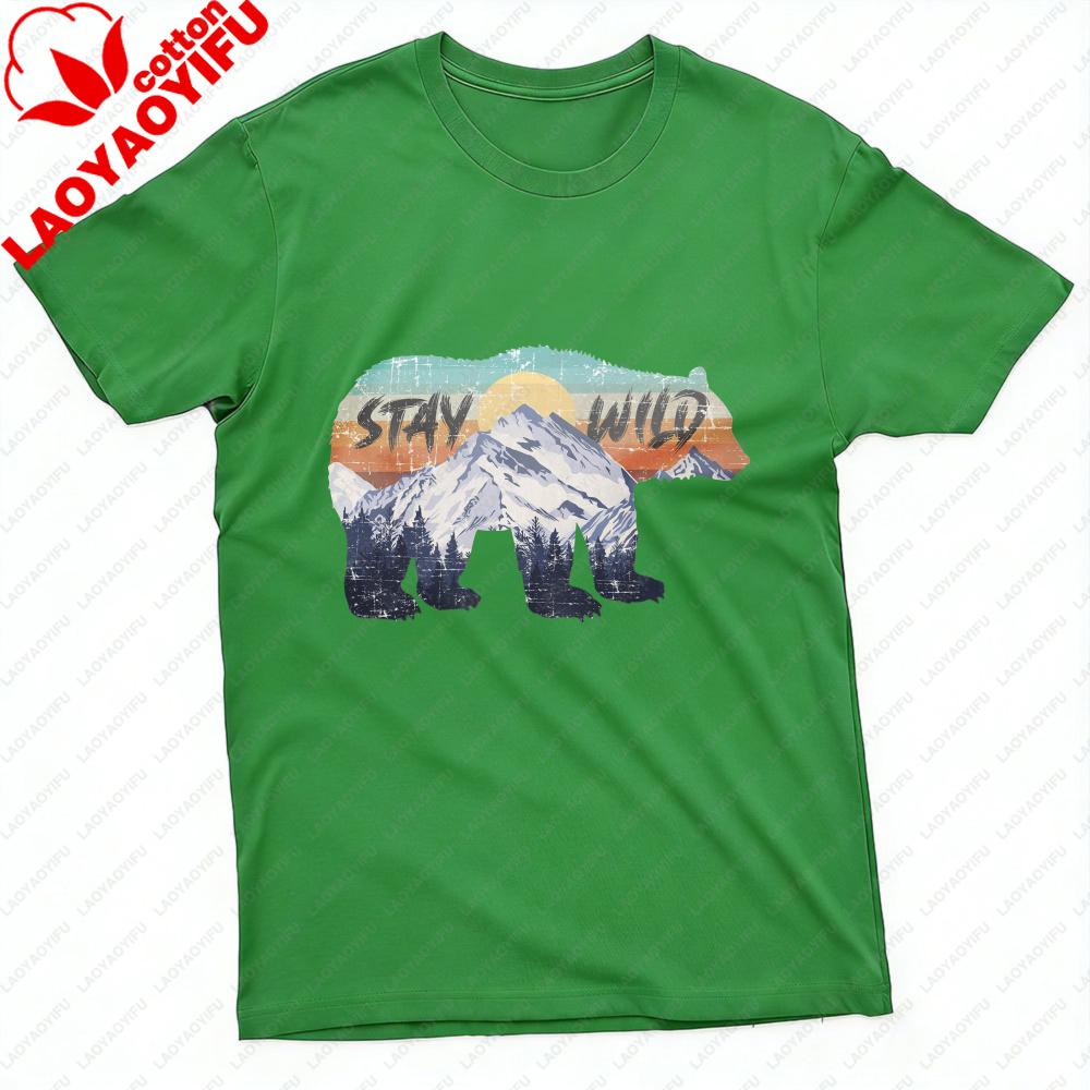 Unisex TShirt Cotton Summer Casual Fashion Stay Wild Bear Mountain Landscape Short Sleeve Top Outdoor Gift Unisexs Wear S