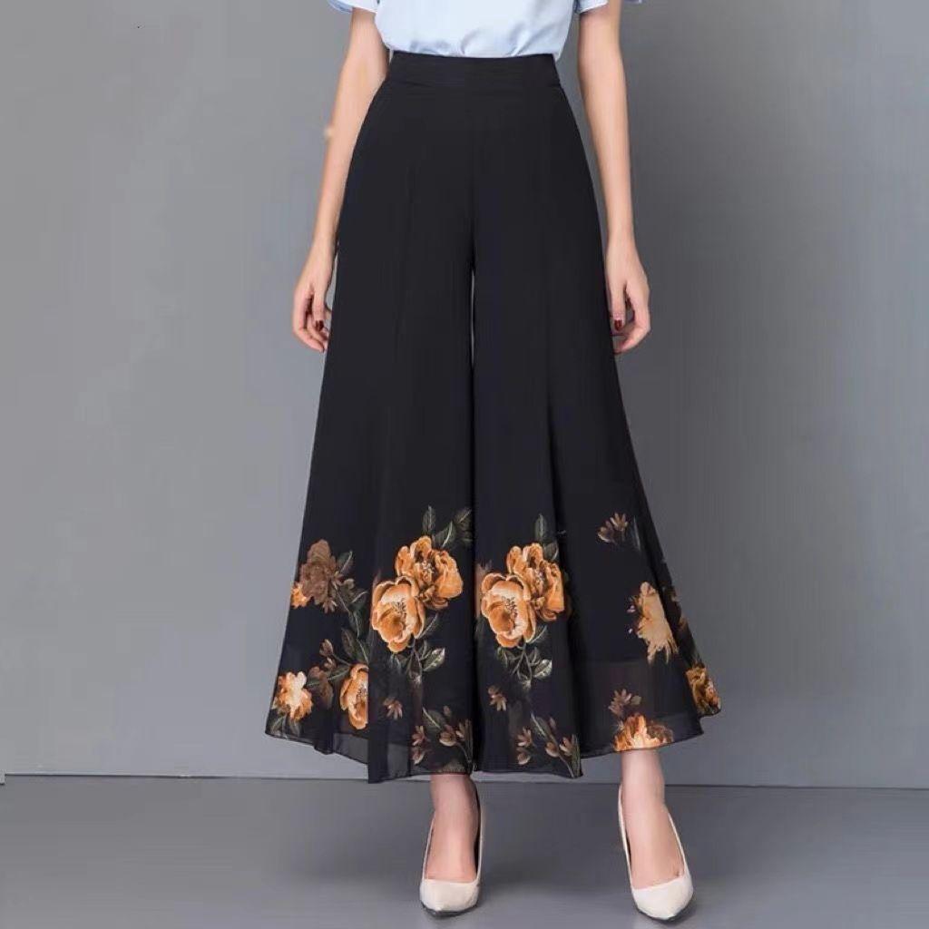 Sommer Herbst Übergroße Blumenprint Patchwork Chiffon Weite Hosen Damen Hoher Bund Locker Lässig All-Match Neunte Hosen