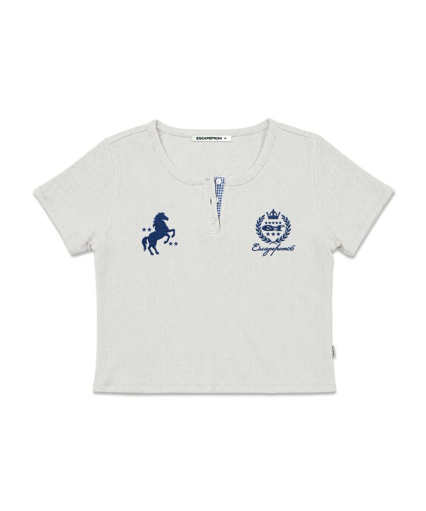ESCAPEFROM [Escf X Hot Today] Heritage Horse Waffle Henley Neck Short Sleeve T-Shirt Oatmeal
