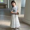 Summer Floral Grey Top and Cake Skirt Set Gentle and Stylish Girls' Two-piece Outfit for Middle and Older Children