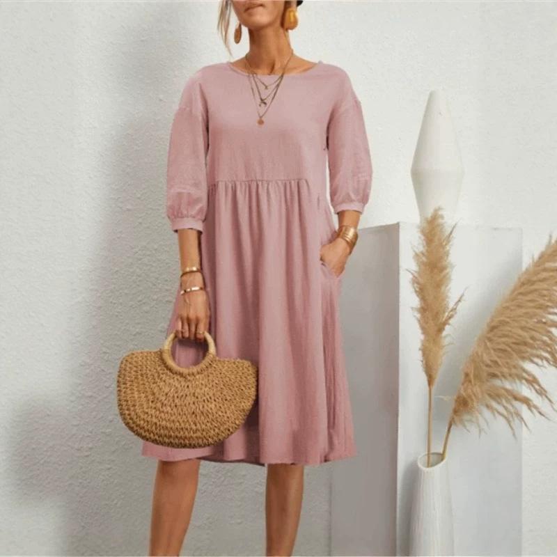 Women Solid Color Cotton Linen Midi Dress Round Neck 3/4 Puff Sleeve Loose Casual Sundress With Pockets Summer Vacation Beach Dress
