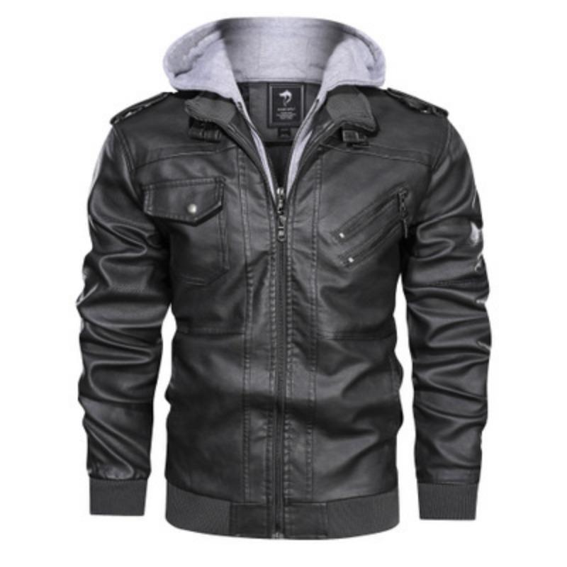 Leather Jacket Slim Fit Leather Jacket Jacket Zipper Leather Jacket Men PU Black Men's Hooded
