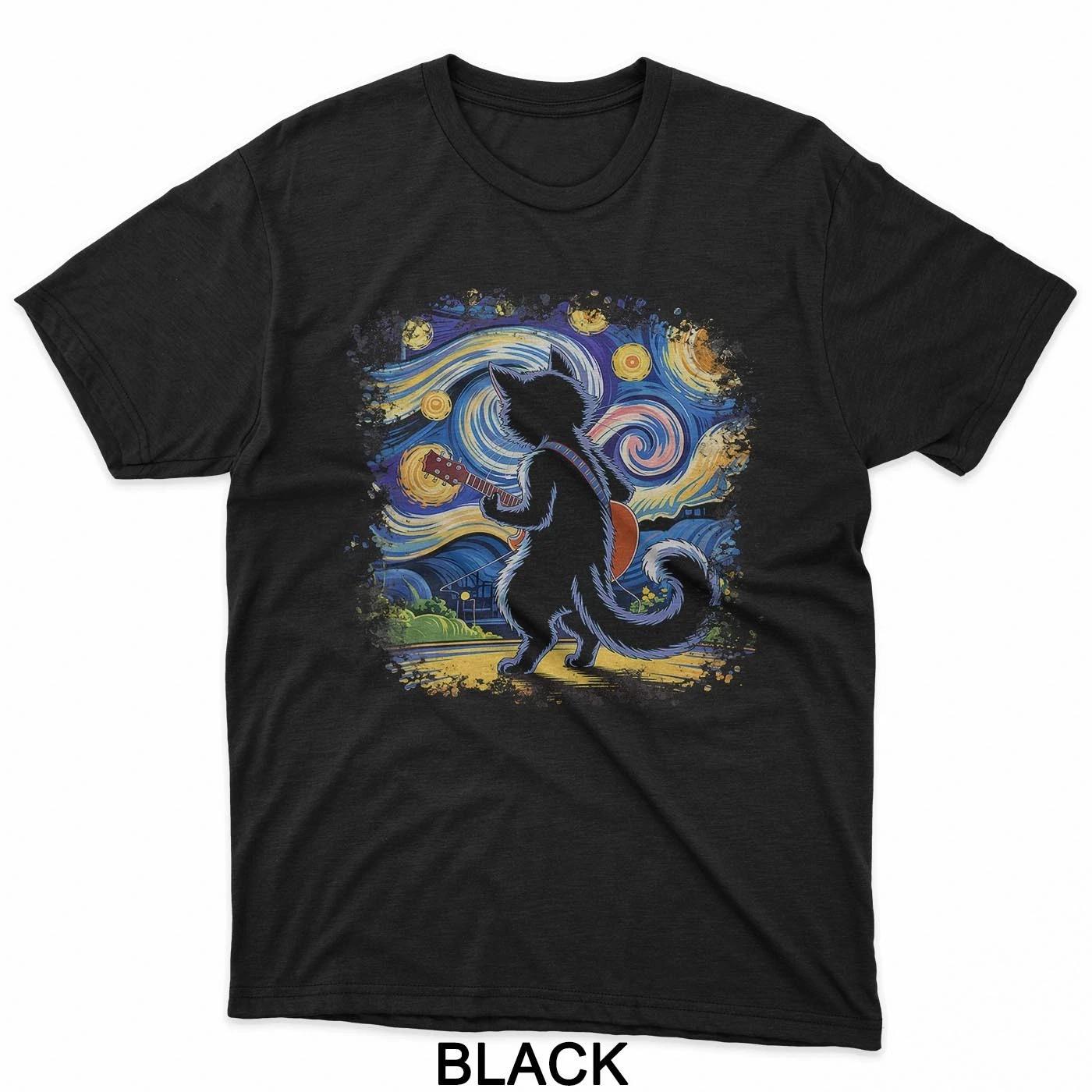 Bleached Black Cat Starry Night Van Gogh Guitar Cat Art T-Shirt L