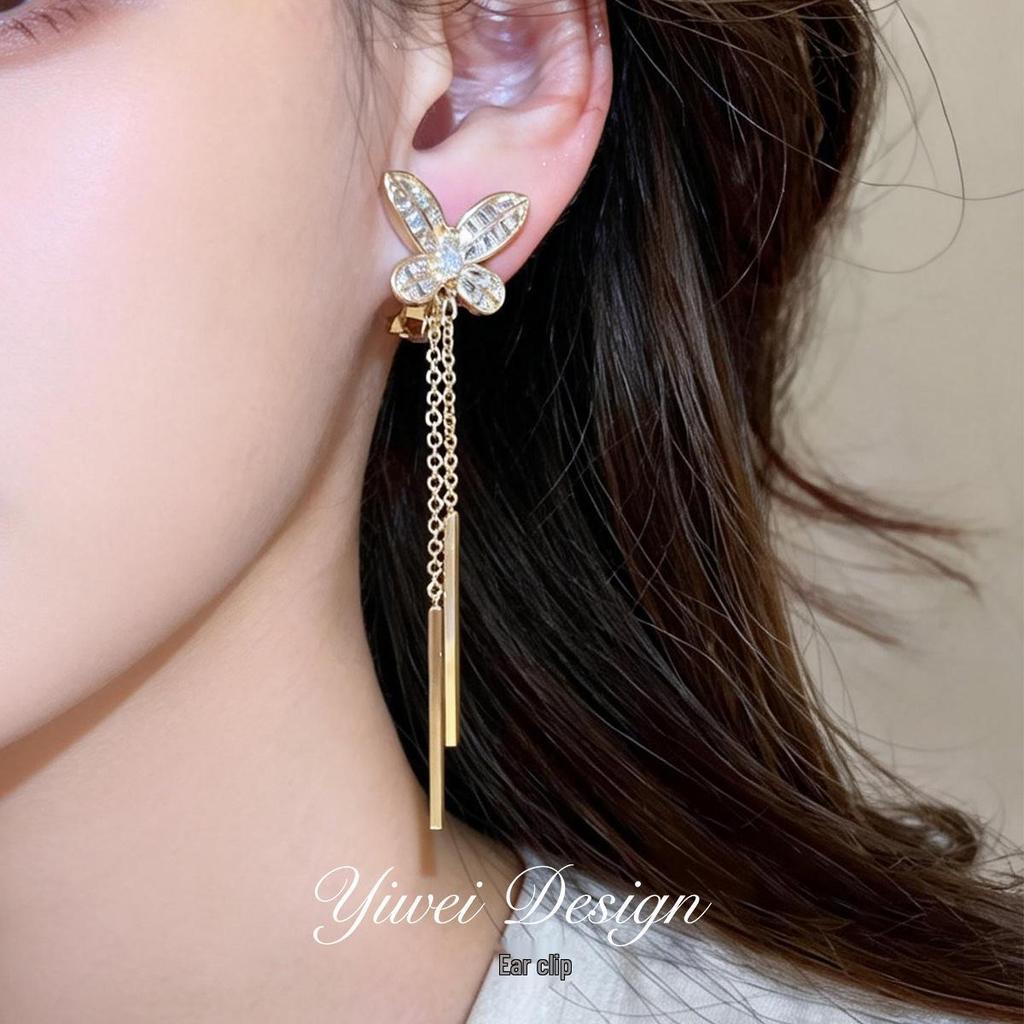Gold-Plated Zircon Butterfly Tassel Ear Clip: Versatile, Luxurious Jewelry for Women