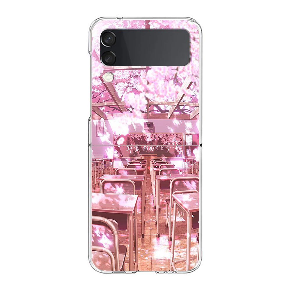 Cherry Blossoms Japanese Traint Moun For Samsung Galaxy Z Flip 3 4 5 Hard Folding Clear PC Phone Case For Samsung Z Flip3 Cover