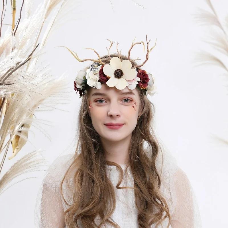 Retro Forest Branch Antlers Rose Gypsophila Dry Flower Garland Exaggerated Prom Catwalk Dress Event Accessories