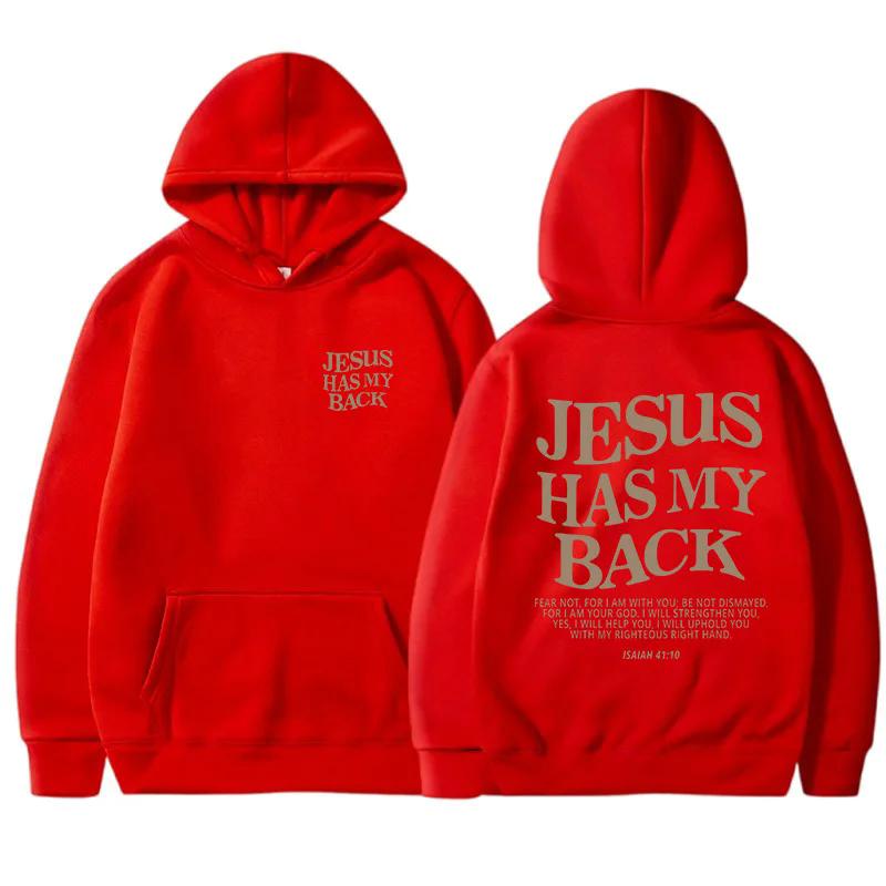 JESUS HAS MY BACK Velvet Hoodie Plain English Letter Slogan Print Kangaroo Pocket Drawstring Print Hoodie