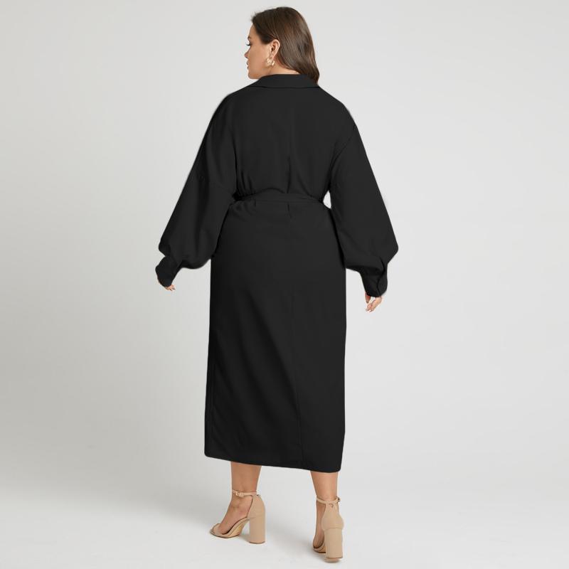 Frühling Plus Größe Damenmode Revers Lange Ärmel Maxi Shirt Lose Einfarbig Kleider