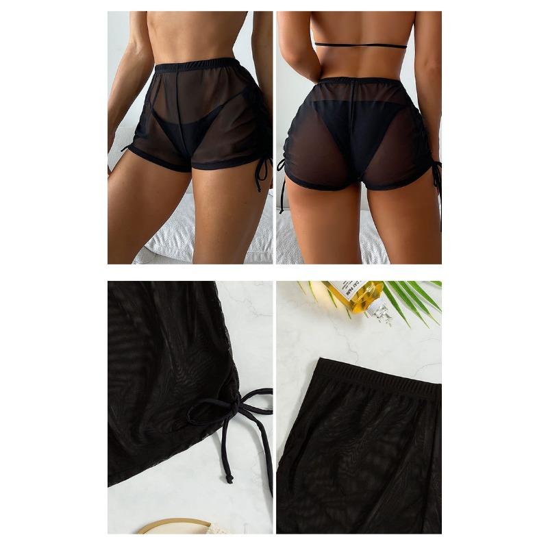 Women S Solid Color Sheer Mesh Drawstring Beach Bikini Shorts