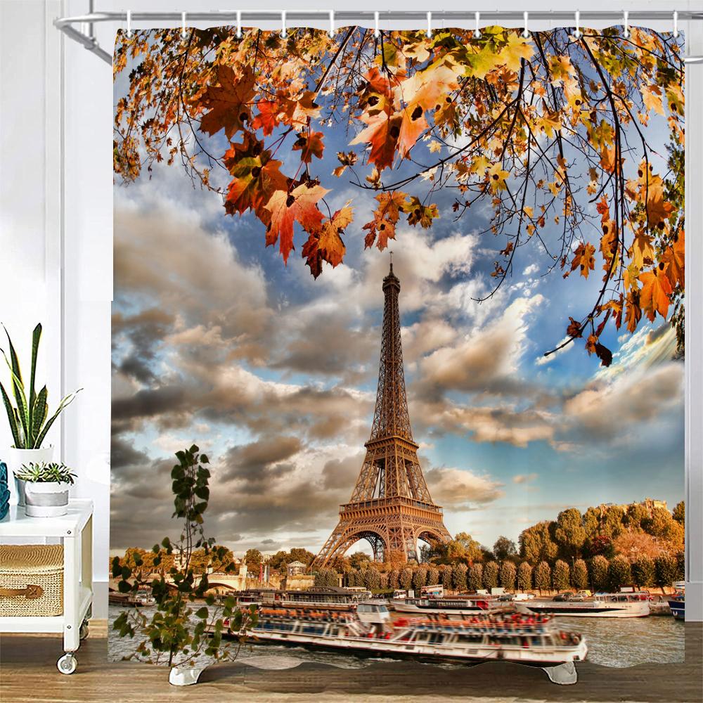 

Retro Style Paris Tower Shower Curtain Bathroom Curtains European Flower Scenery Waterproof Polyeste Fabric Bathtub Decorate W90xH180cm