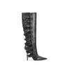Fashion Brand Black Belt Buckle High Heels Knee High Boots Autumn Winter Women Fashion Pole Dance Pointed Solid Color Knight Boots 34-46
