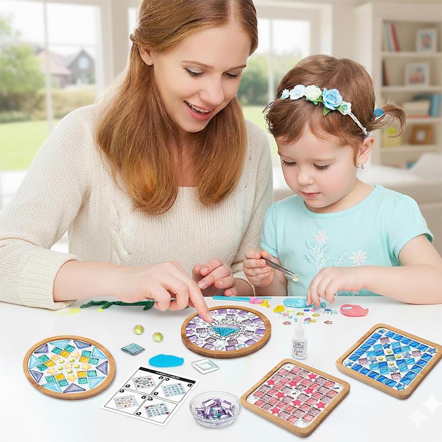 DIY Glass Mosaic Tile Kit - Mixed Colors Wooden Coaster Set for Adults, Craft Supplies for Home Decor & Gift Making