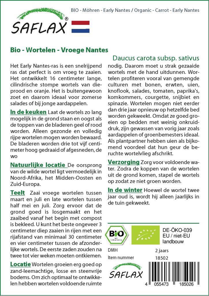 SAFLAX Garden In the Bag - Organic - Carrot - Early Nantes - 1500 Seeds - With Substrate In a Fitting Stand Up Bag - Daucus Carota