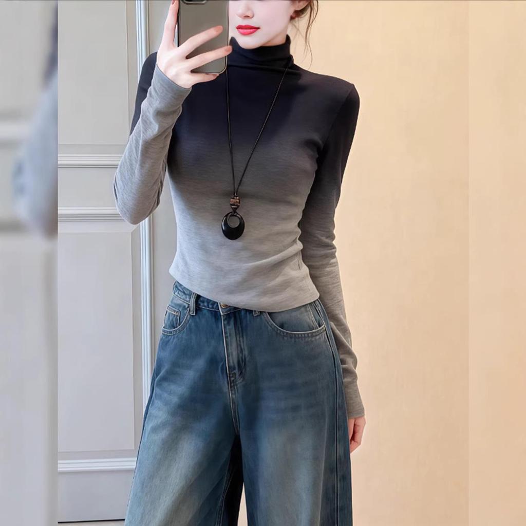 Gradient Half-High Neck Slim Fit Plus Size Women's Top - Autumn/Winter 2025 Fashion