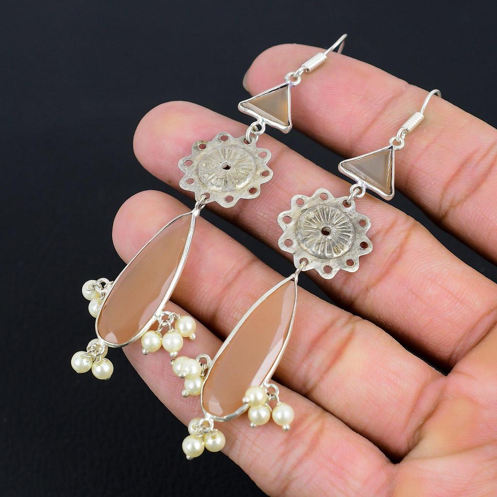 Pear Montana Agate Stone Sterling Silver Sister Drop Dangle Handmade Earrings